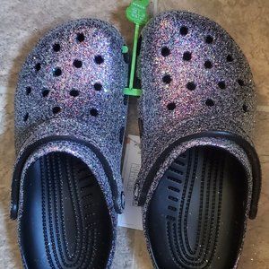 NWT Crocs Black/Multi Classic Glitter Clog Size 8